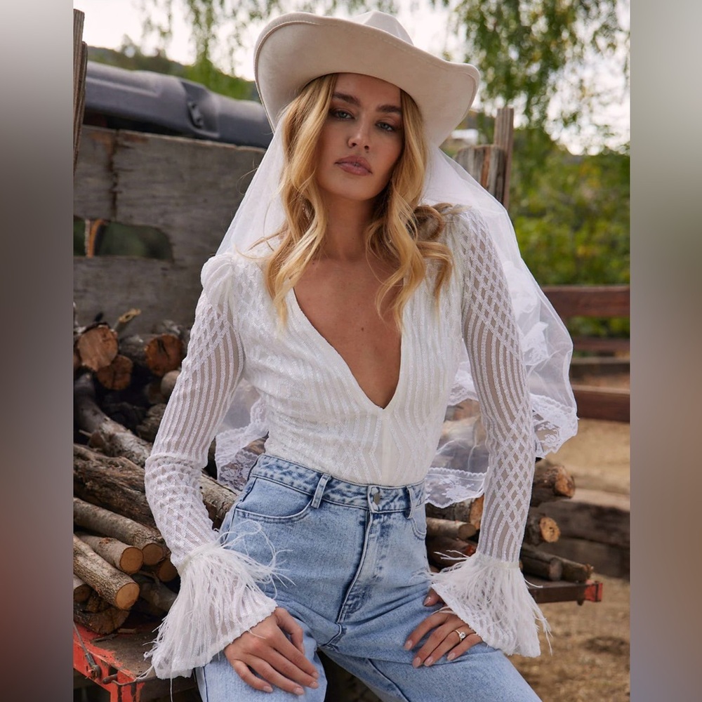 White Sequin Long Sleeve Bodysuit with faux Feathers